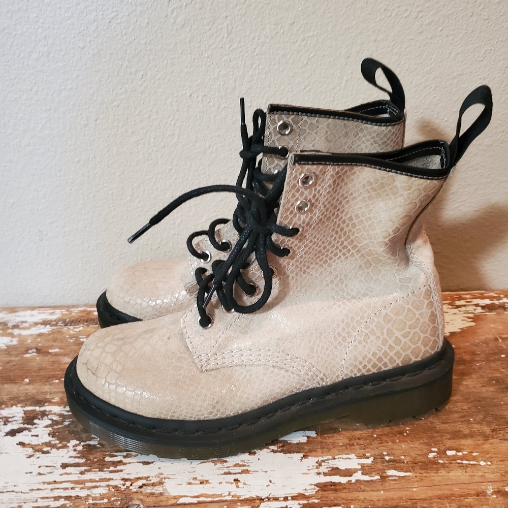 Dr. Martens Women's Snake-Print Lace-Up Combat Boots Cream Shiney